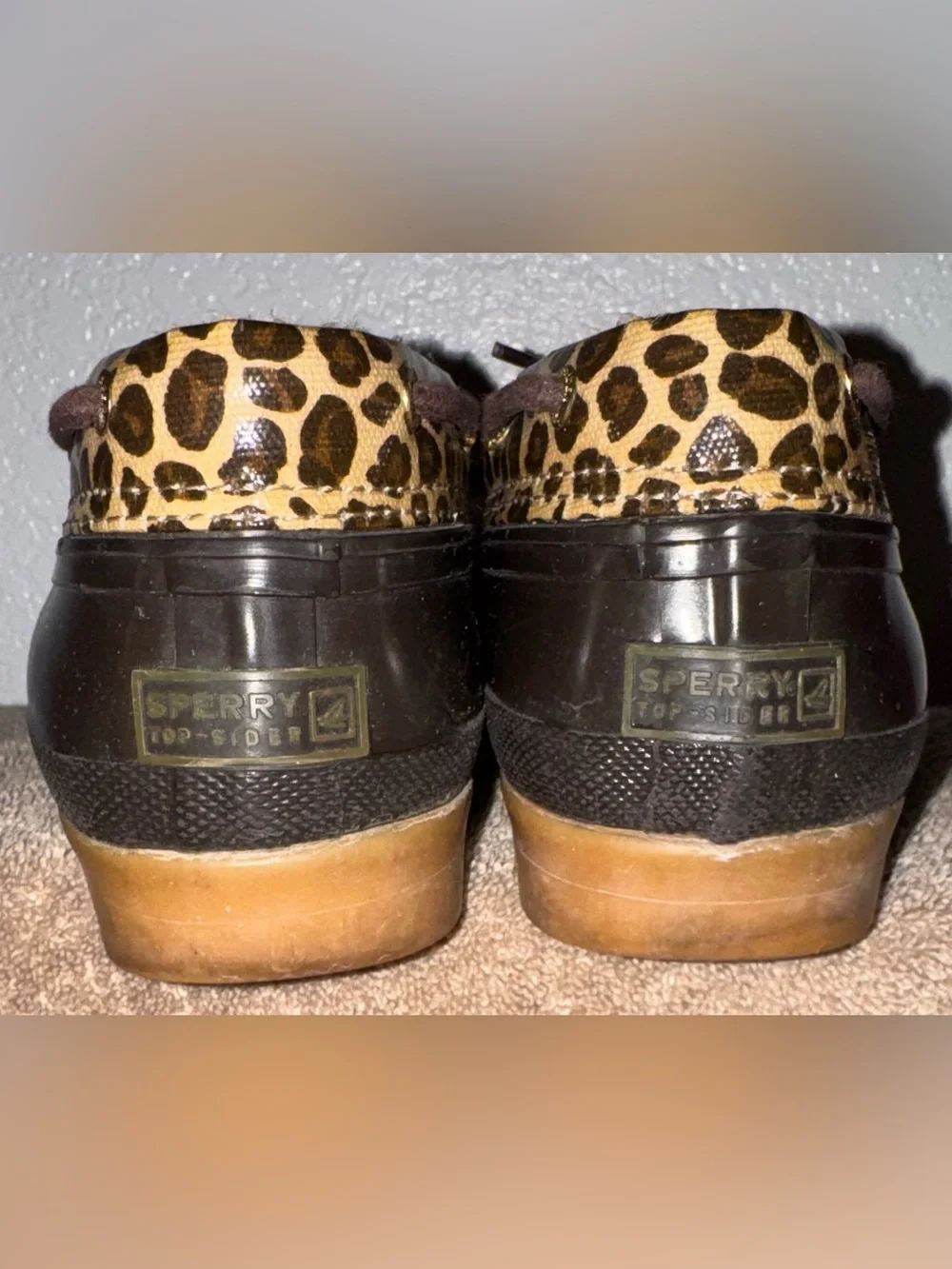 Sperry Black Duck Boots with Leopard Trim and Brown Sole
